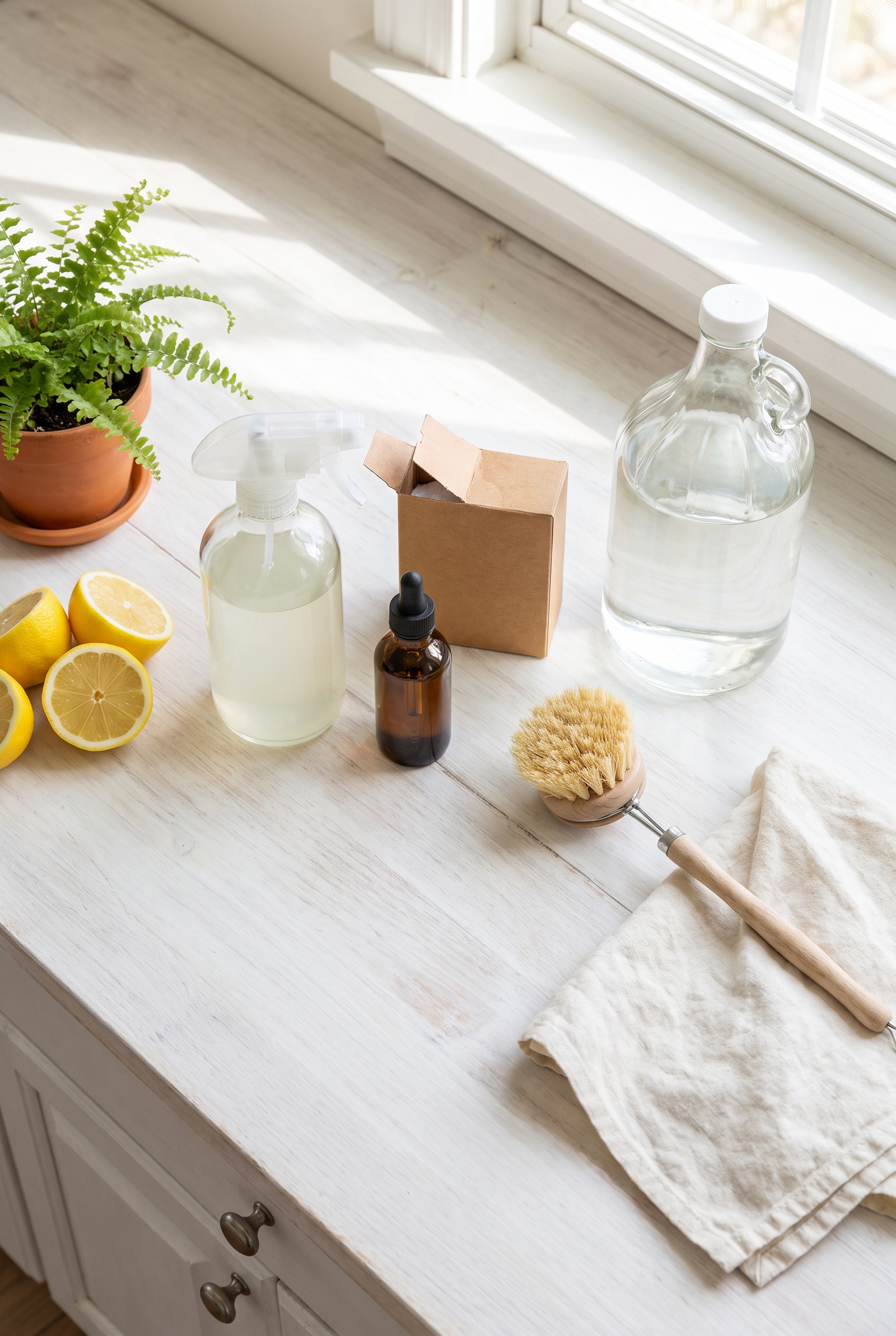 non-toxic cleaning kit ingredients flat lay
