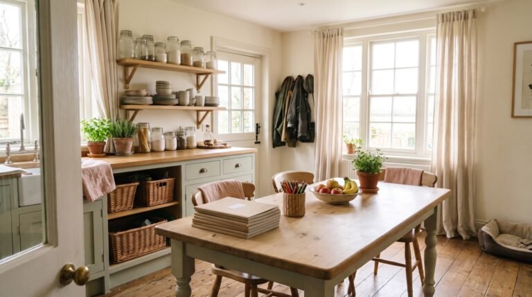 organization ideas for the home in a bright farmhouse kitchen and dining area with baskets and glass jars