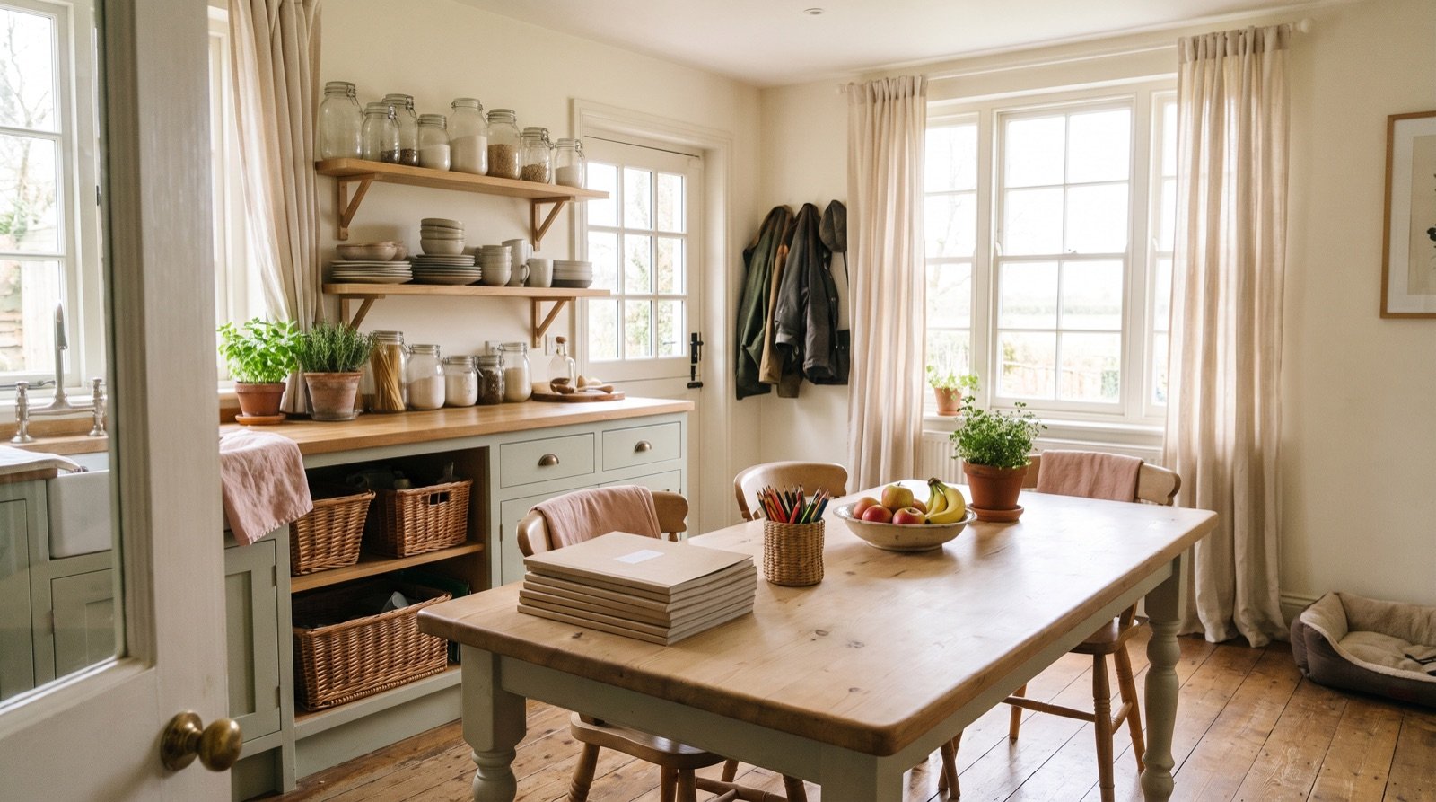 organization ideas for the home in a bright farmhouse kitchen and dining area with baskets and glass jars