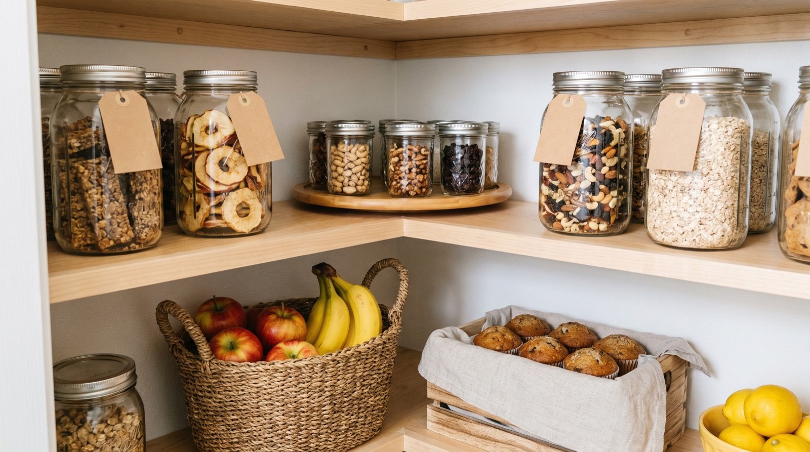 pantry snack zone organized with glass jars, a wooden lazy susan, and homemade snacks at kid height