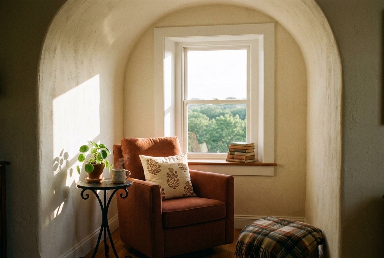 Reading nook ideas: terracotta armchair in an arched alcove with a block-print pillow and a view of the trees