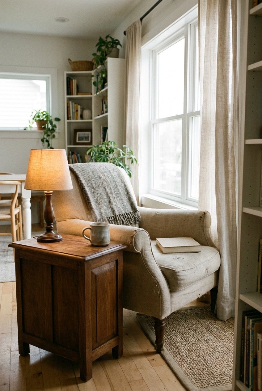 Reading nook corner with an armchair angled toward a bright window and a warm lamp