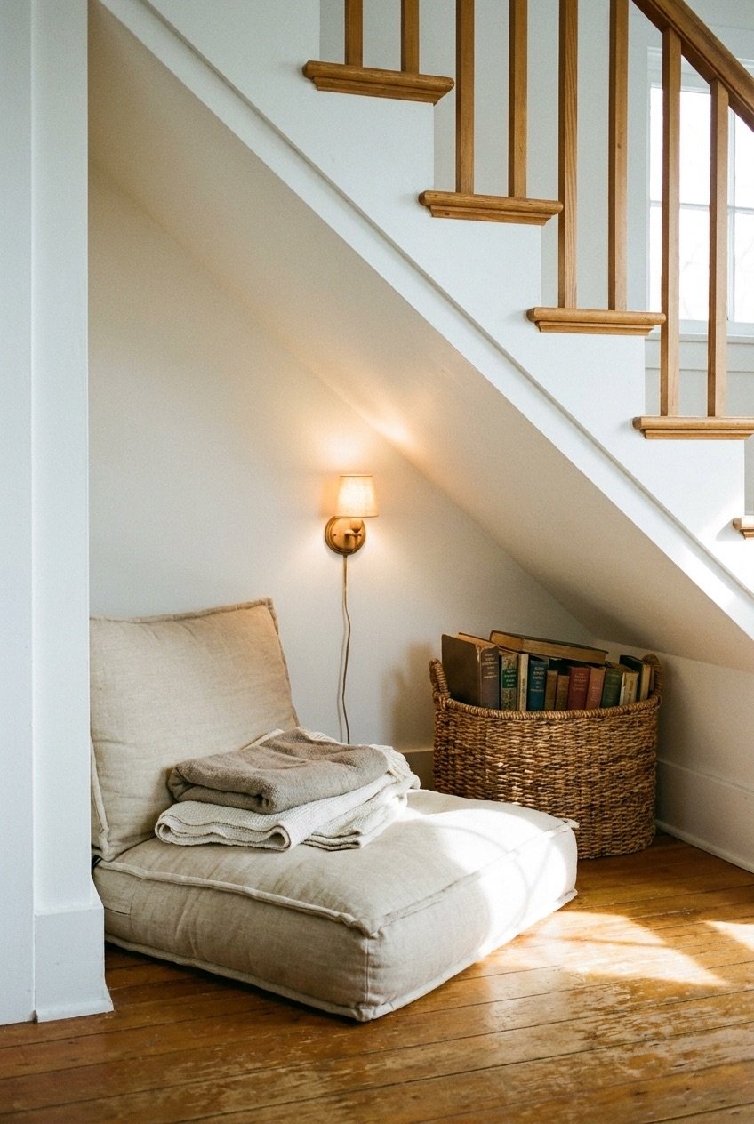 Reading nook under the stairs with a floor cushion, wall sconce, and book basket