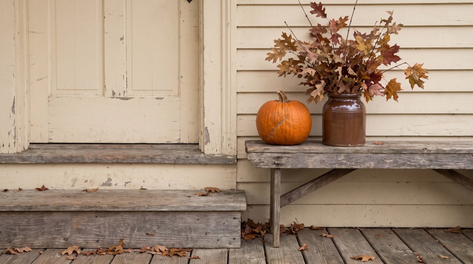 one real pumpkin and autumn branches in a stoneware crock on a simple farmhouse porch bench