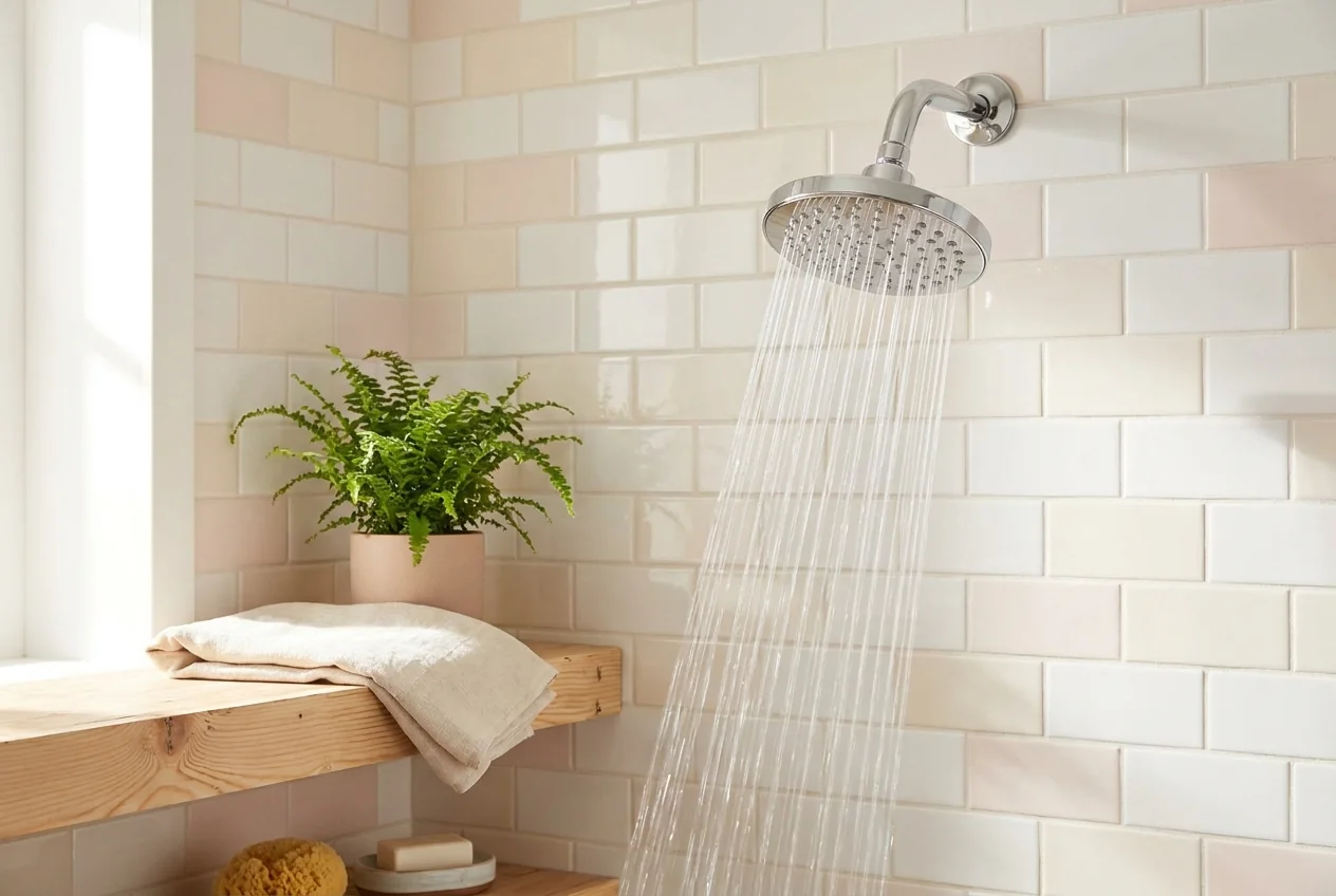 Polished chrome shower head spraying clean, even water in a bright white subway tile shower