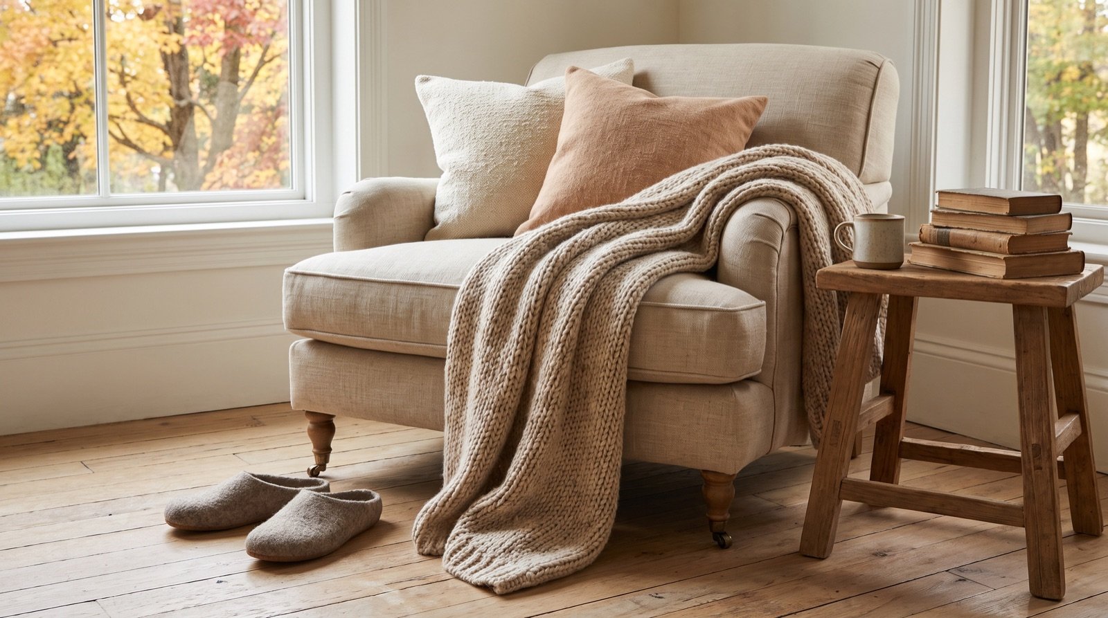 cozy fall living room corner with a chunky knit throw, pillows, and new wool slippers