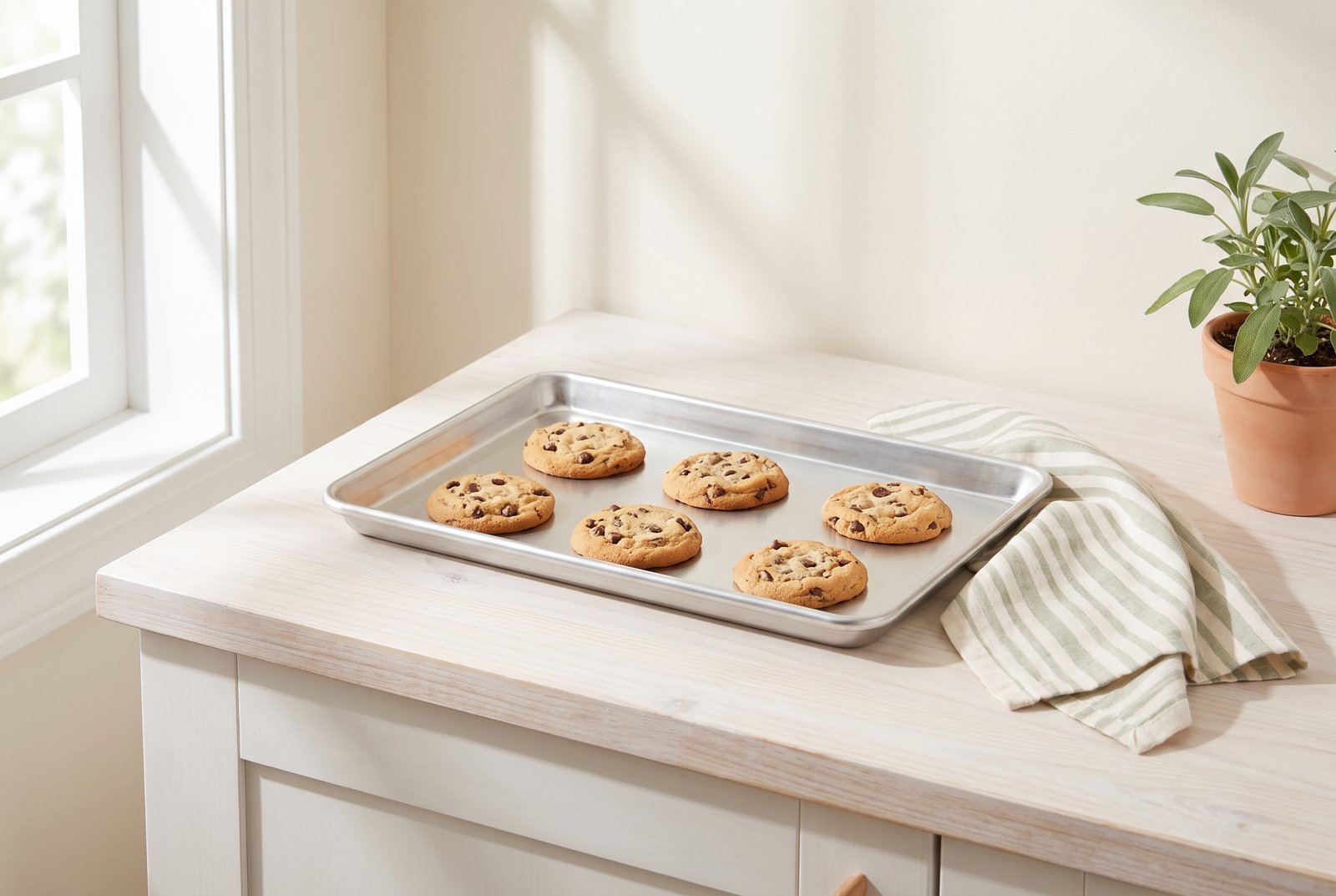 Stainless steel non-toxic baking sheet with golden chocolate chip cookies, a buy-it-once pick