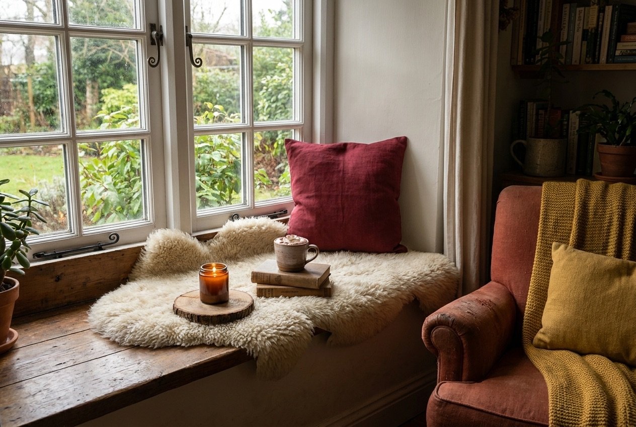 Styled window seat reading nook with a sheepskin, berry pillow, lit candle, and cocoa on the sill