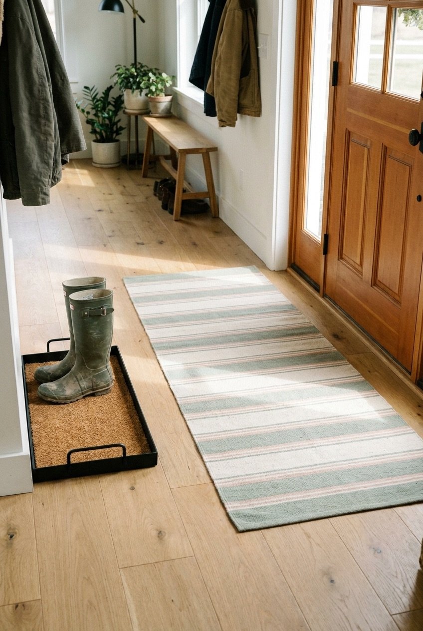 Washable flat-weave cotton runner and boot tray inside a front door