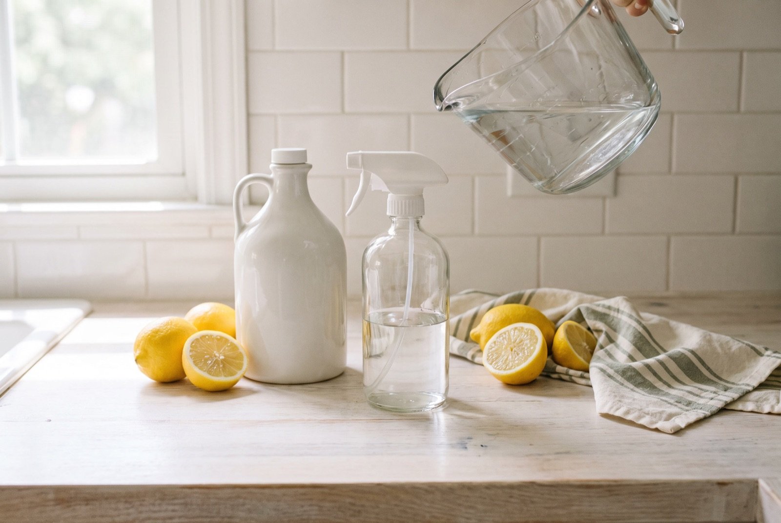 Pouring water into a glass spray bottle to make a 25-cent DIY all-purpose cleaner