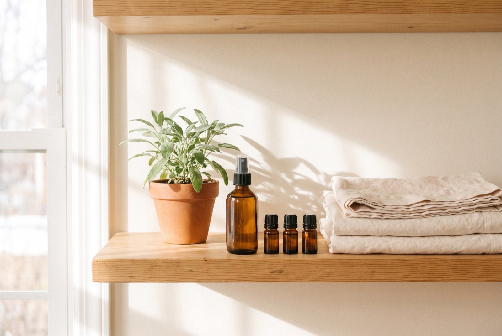 Amber glass essential oil spray and oil bottles beside folded linens, where natural fragrance belongs