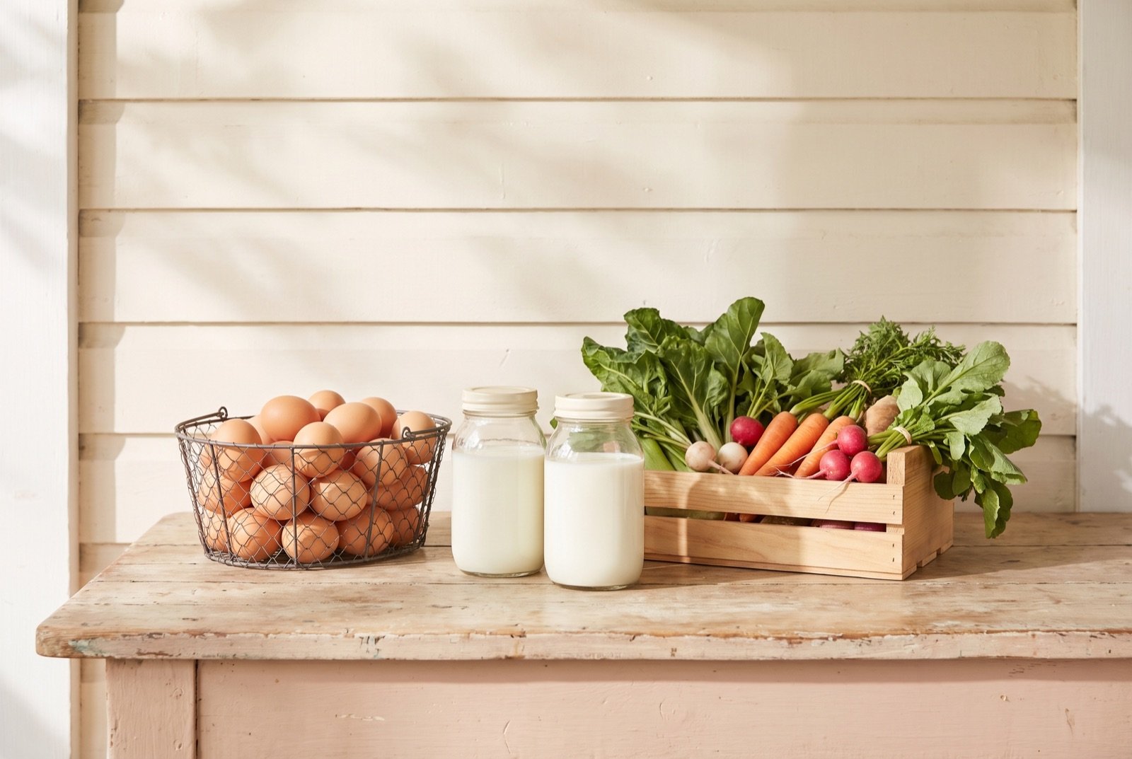 Local food sourcing for low waste living: farm eggs, raw milk in glass jars, and a crate of seasonal vegetables