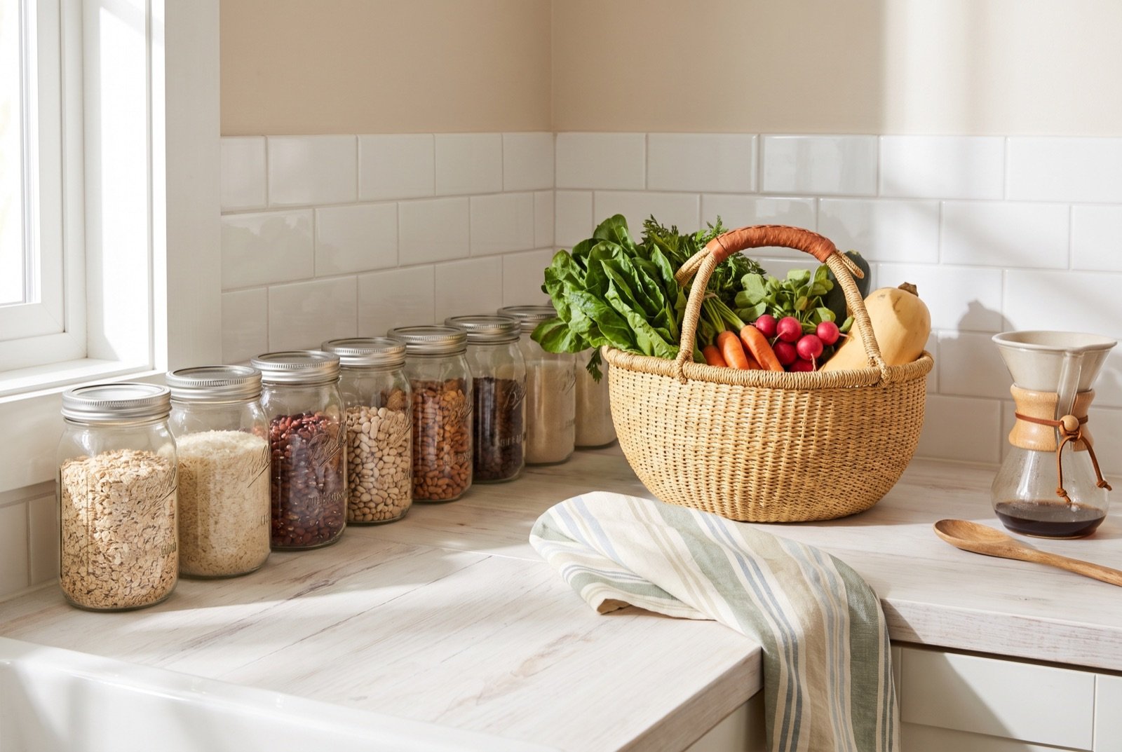 Low waste living kitchen with glass jars of pantry staples and a basket of fresh seasonal produce