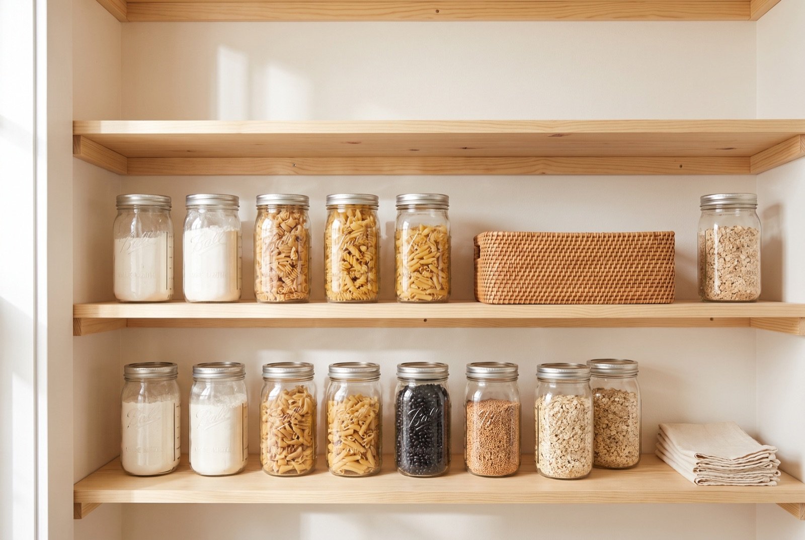 Organized low waste pantry with glass mason jar food storage on light pine shelves