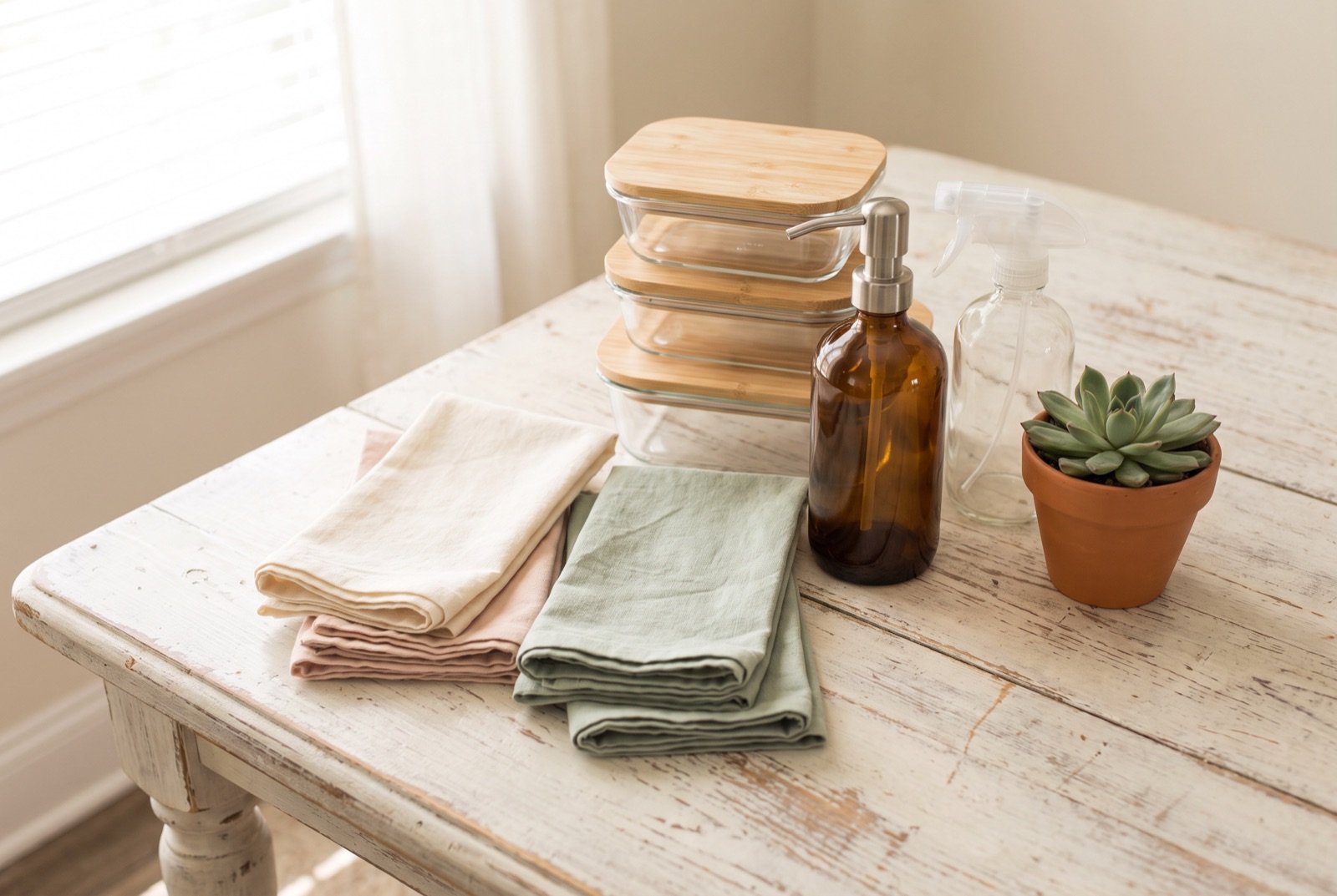 Low waste swaps: cloth napkins, glass food storage containers, and a refillable amber soap bottle