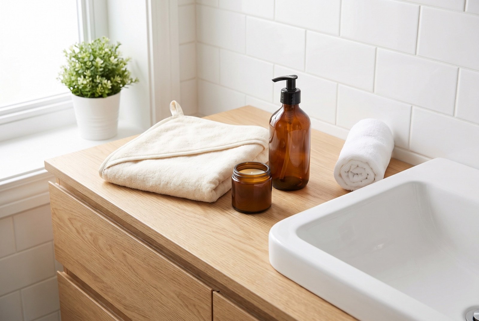 Baby bath and skincare items on a wood vanity: hooded towel, amber glass pump bottle, and balm jar