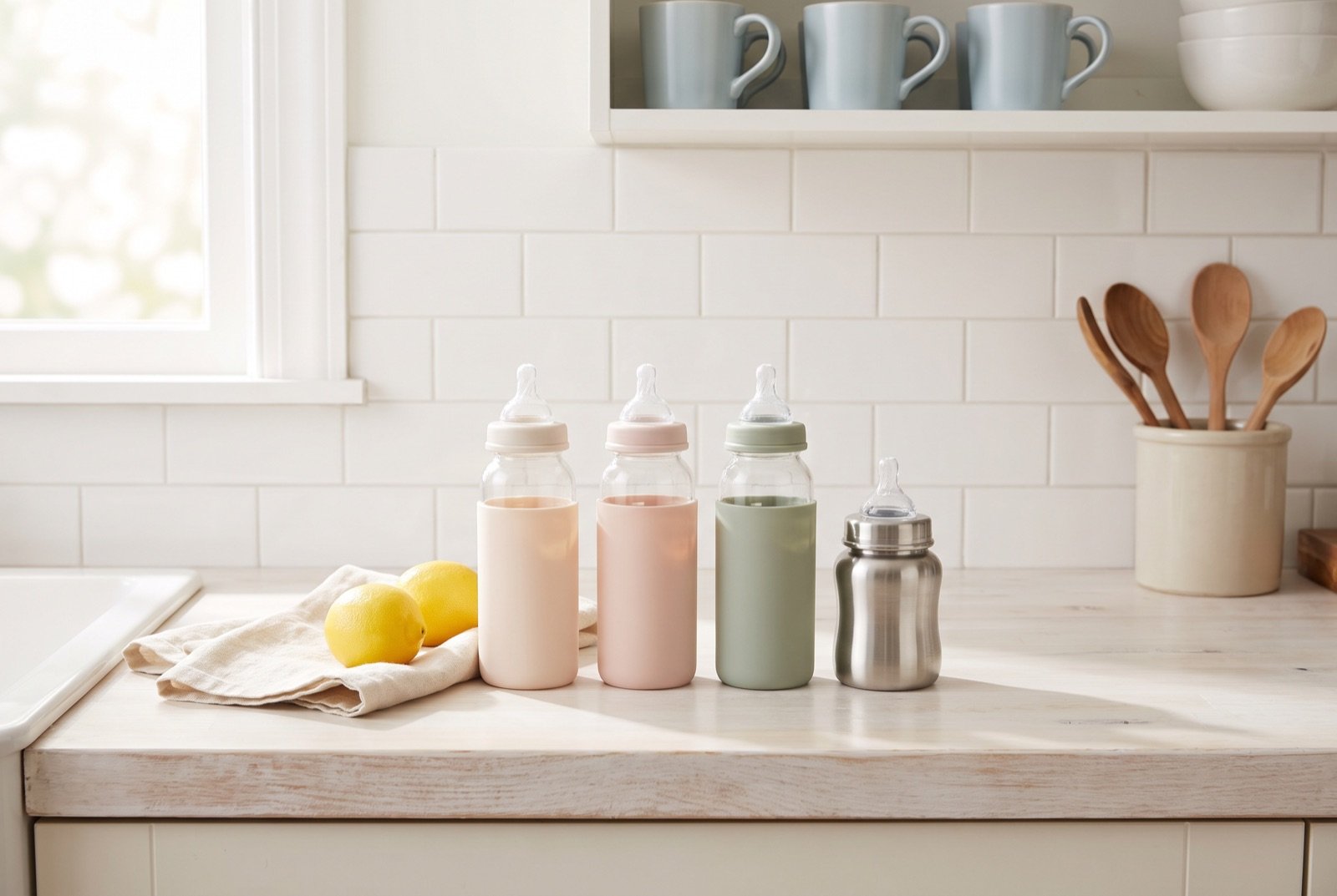 Glass baby bottles with silicone sleeves and a stainless steel baby bottle on a whitewashed wood counter