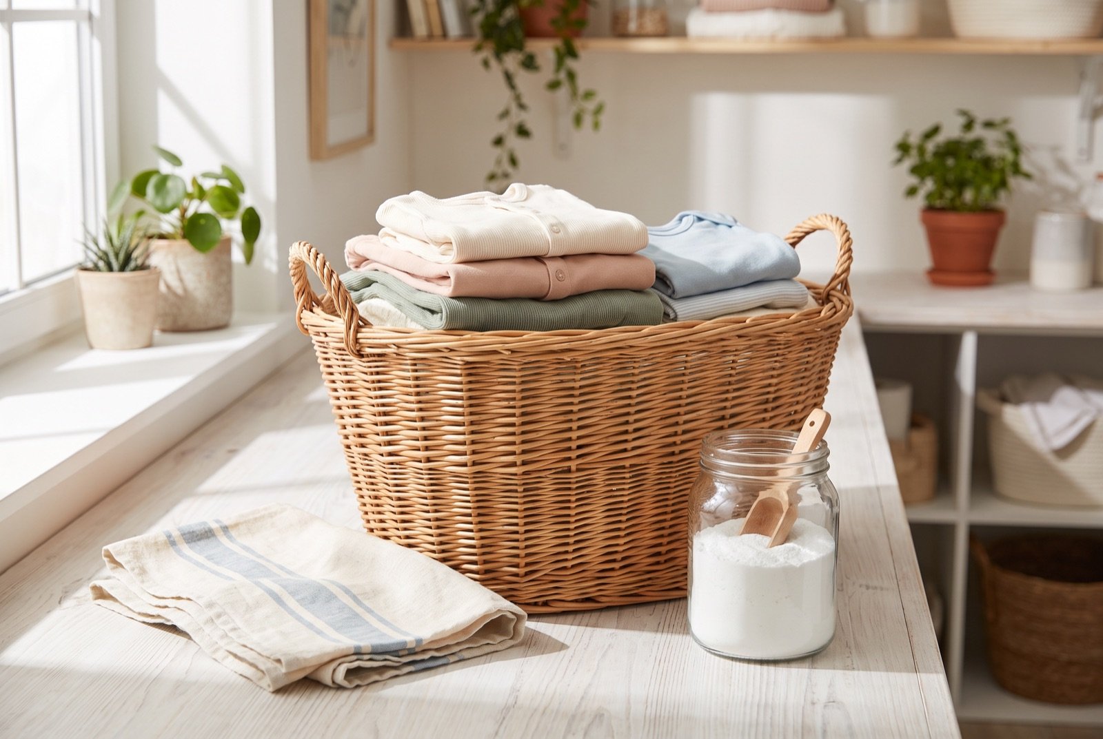 Wicker laundry basket of folded baby clothes beside a glass jar of gentle laundry powder