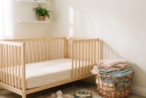 Non-toxic baby registry essentials in a bright nursery: solid pine crib with an organic cotton fitted sheet and a basket of pastel linens