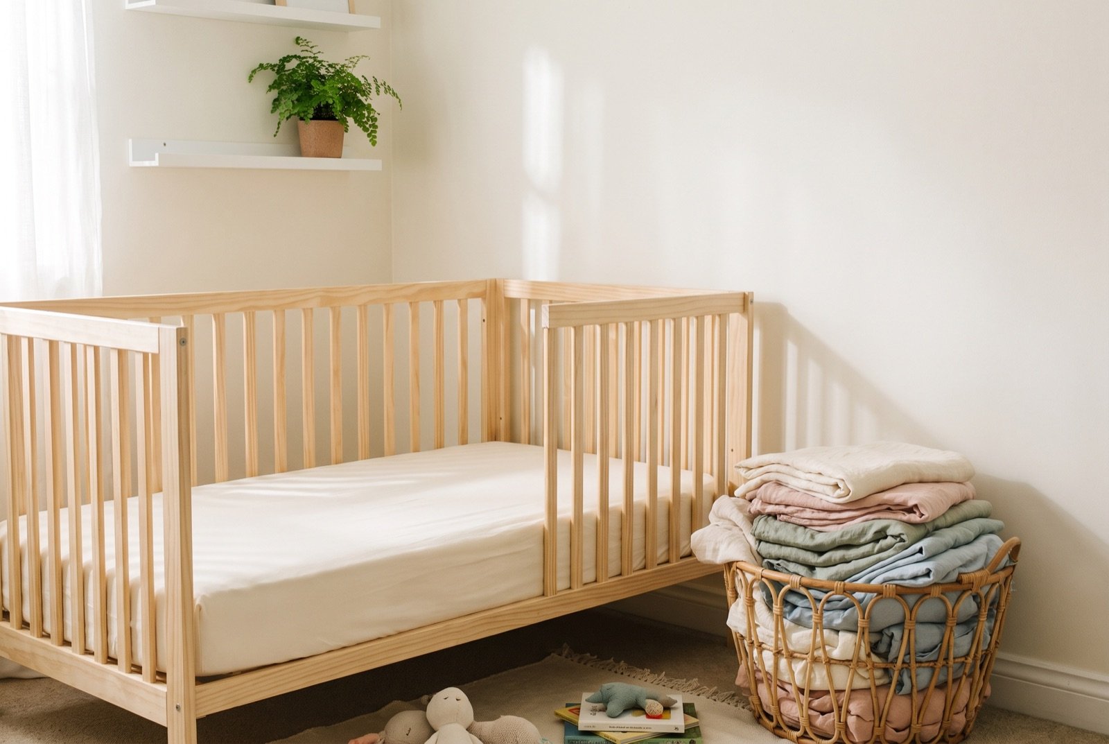 Non-toxic baby registry essentials in a bright nursery: solid pine crib with an organic cotton fitted sheet and a basket of pastel linens