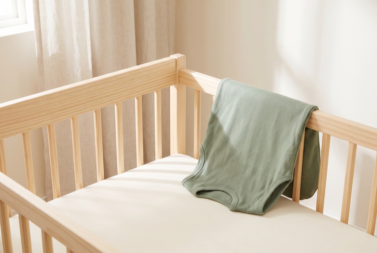 Organic cotton crib sheet and a sage sleep layer draped on a natural pine crib, a top pick for a non-toxic baby registry