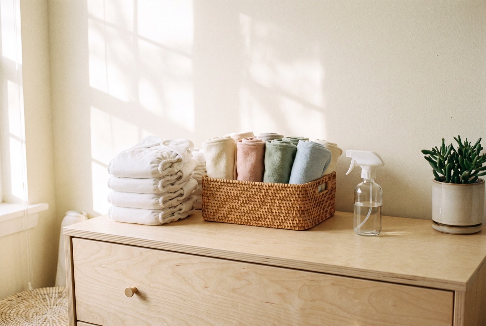 Cloth diapers, rolled reusable wipes, and a water spray bottle on a light wood changing dresser