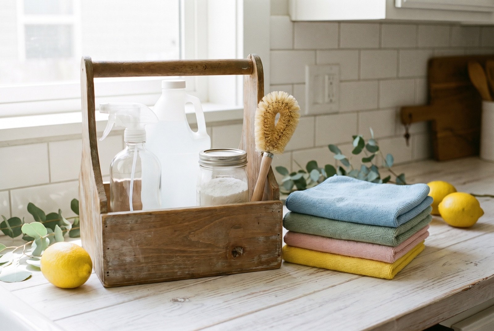 Non-toxic spring cleaning caddy with glass spray bottle, vinegar, baking soda, and color-coded microfiber cloths