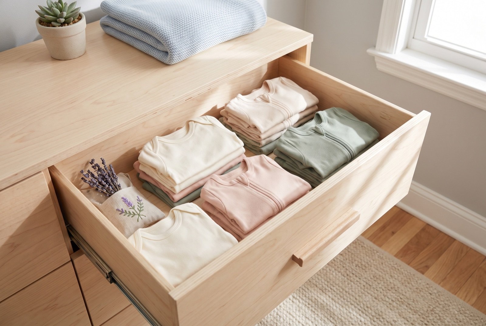 Folded organic cotton baby clothes in cream, blush, and sage inside a birch dresser drawer