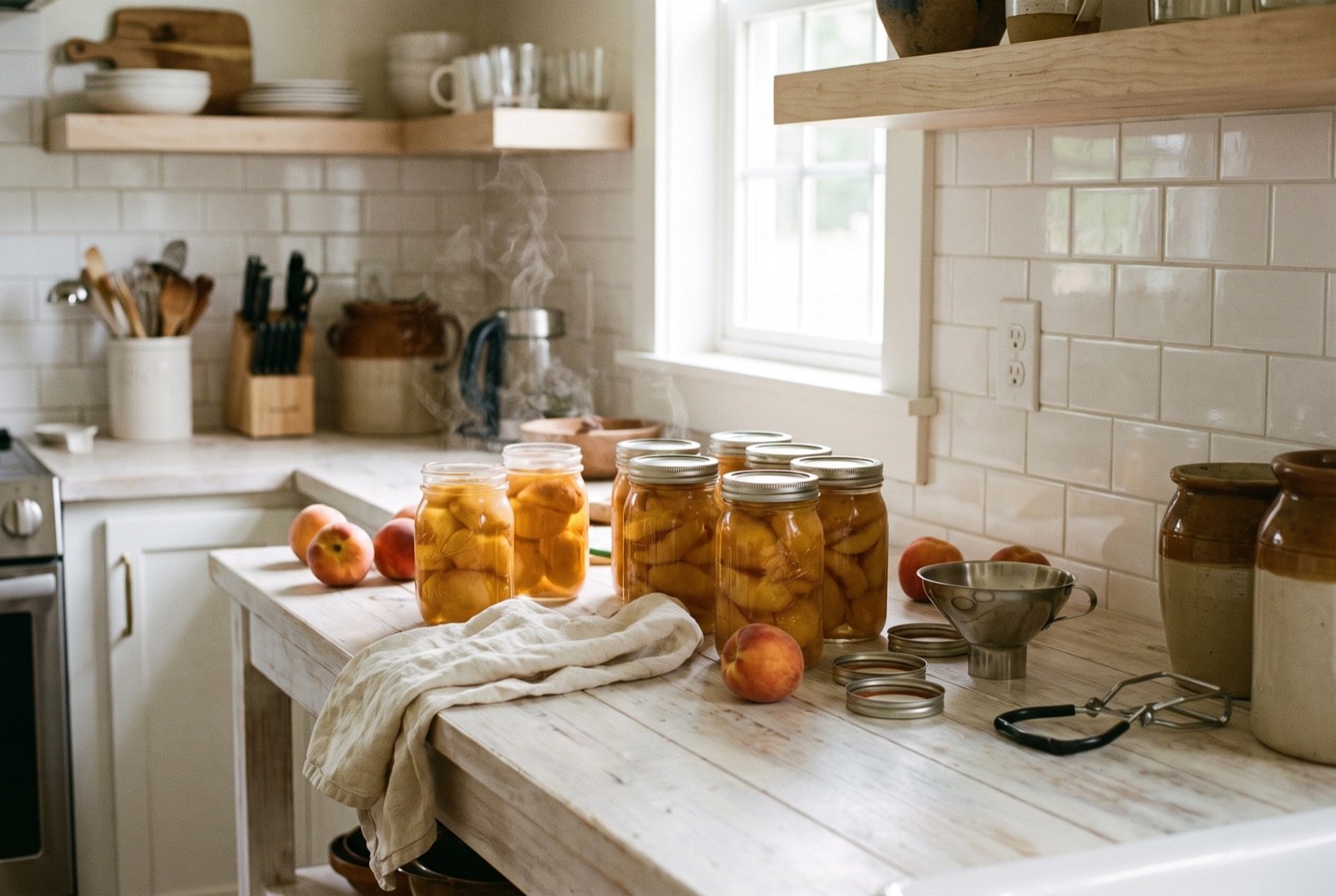 Home canning peaches in glass mason jars, a seasonal preserving habit that cuts food packaging waste
